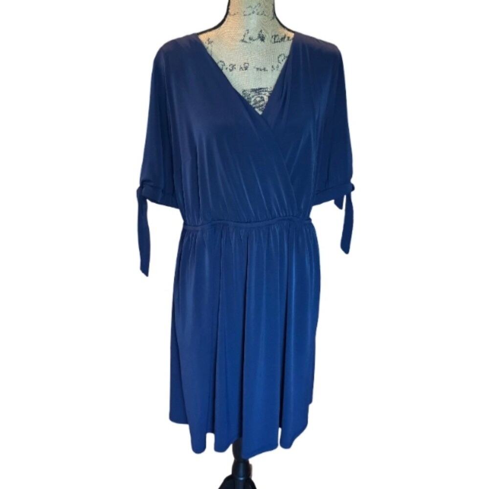 Lane Bryant Stretch Surplice Comfy Stylish Blue Faux Wrap Dress 14 16 XL